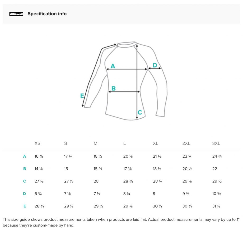 rash guard size chart